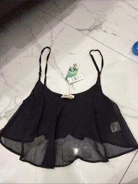 Lagaci Black Sheer Chiffon Spaghetti Strap Crop Camisole @@@